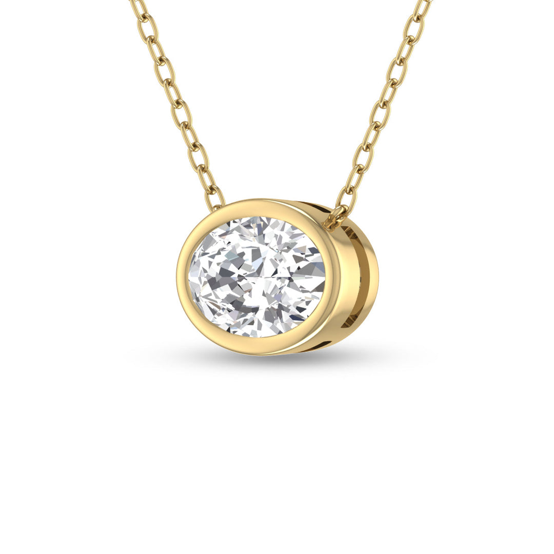 Lab Grown 1 Carat Oval Bezel Set Diamond Solitaire Pendant In 14K Yellow Gold