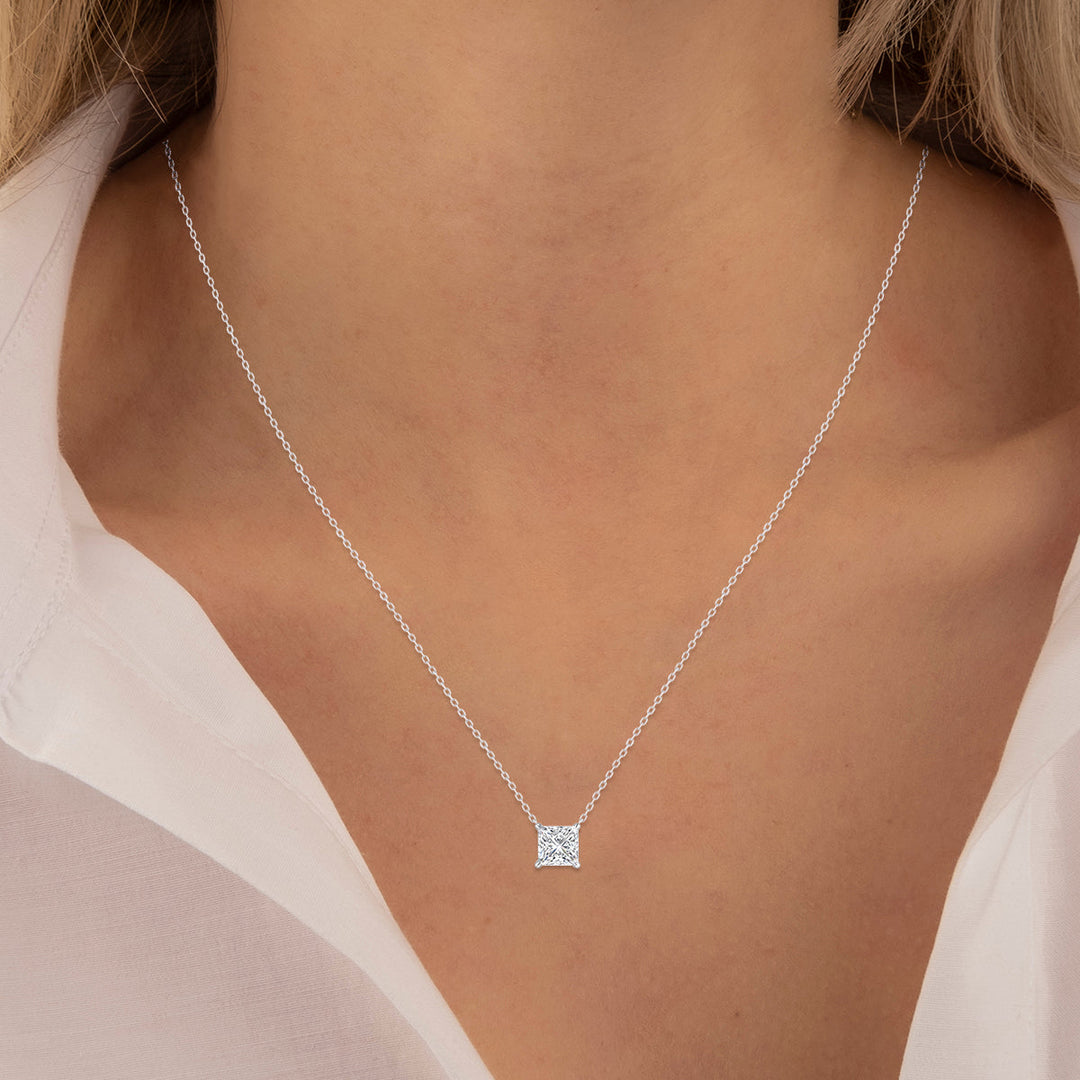 Lab Grown 1 Carat Floating Princess Cut Diamond Solitaire Pendant In 14K White Gold