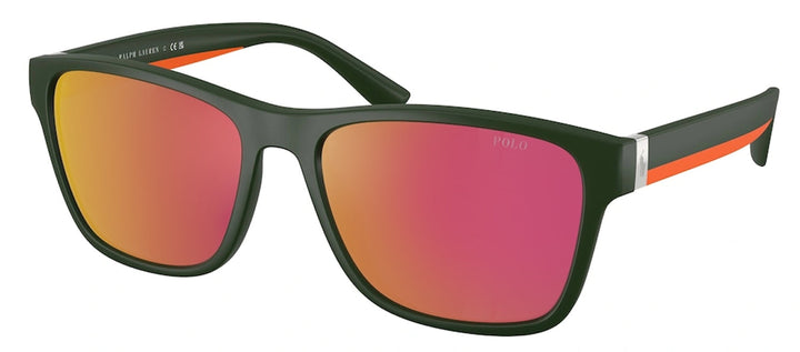 Polo Ralph Lauren PH 4229U 55966Q Square Plastic Green Sunglasses with Orange Mirror Lens