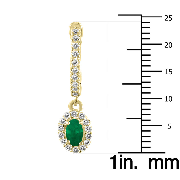 1/2 Carat Oval Emerald And Diamond Halo Dangle Earrings In 10K Yellow Gold