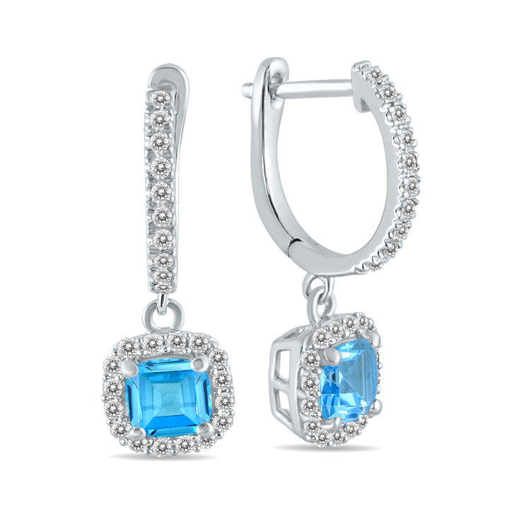 1 Carat Blue Topaz And Diamond Halo Dangle Earrings In 10K White Gold