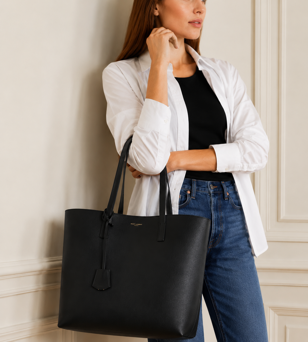 A woman wearing a white button-up shirt, black top, and blue jeans holds a large black leather tote bag with gold-tone hardware against an elegant cream-colored wall.