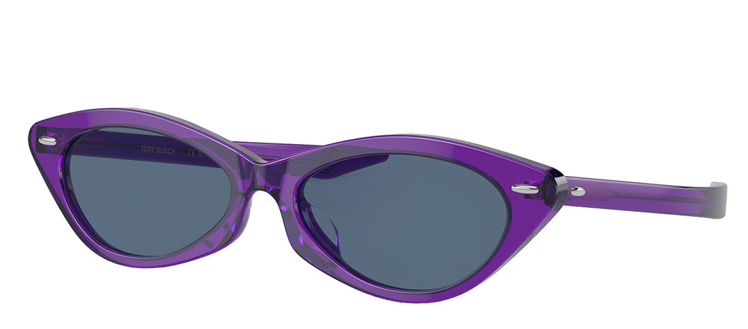 Tory Burch TY 7197U 193580 Cat Eye Acetate Transparent Purple Sunglasses with Dark Blue Solid Color Lens