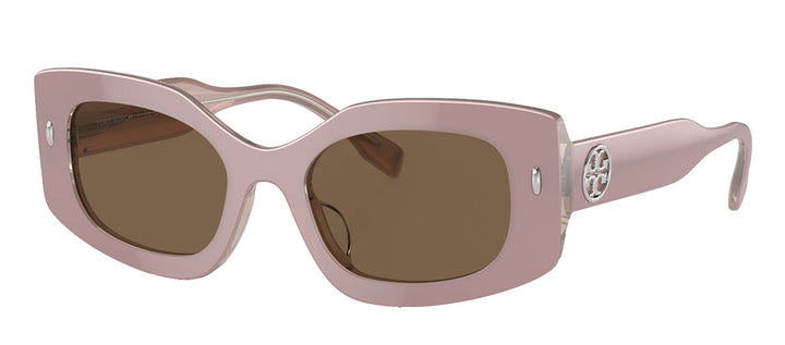 Tory Burch TY 7202U 194773 Irregular Acetate Pearlized Pink Sunglasses with Dark Brown Solid Color Lens