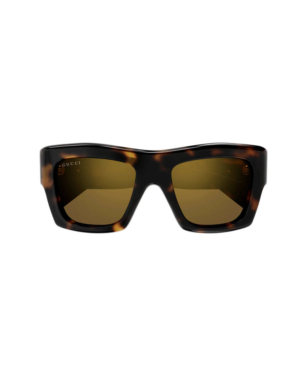 Gucci Square Full Rim, with a Havana frame and Brown Mirrored lens.