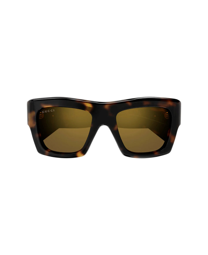 Gucci Square Full Rim, with a Havana frame and Brown Mirrored lens.