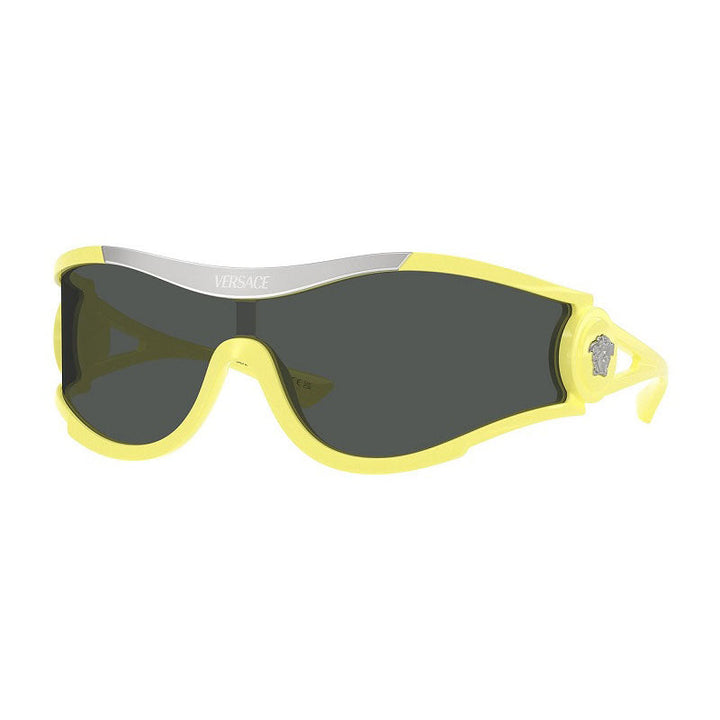 Versace Shield Full Rim, with a Yellow frame and Dark Grey lens.