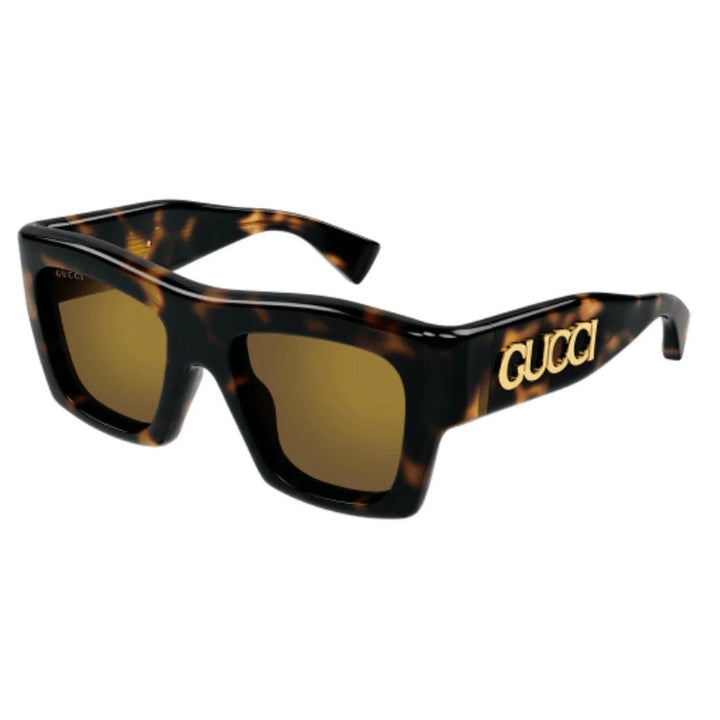 Gucci Square Full Rim, with a Havana frame and Brown Mirrored lens.