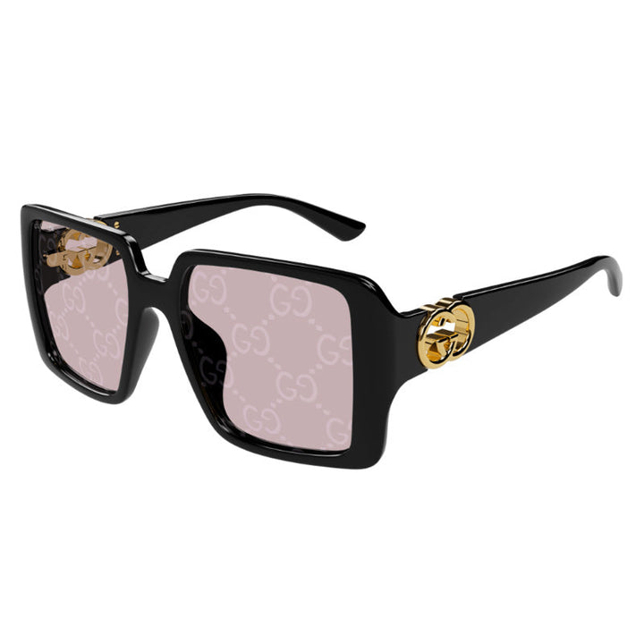 Gucci Square Full Rim, with a Black frame and Dusky Pink with GG Pattern Mirror Photochromic lens.