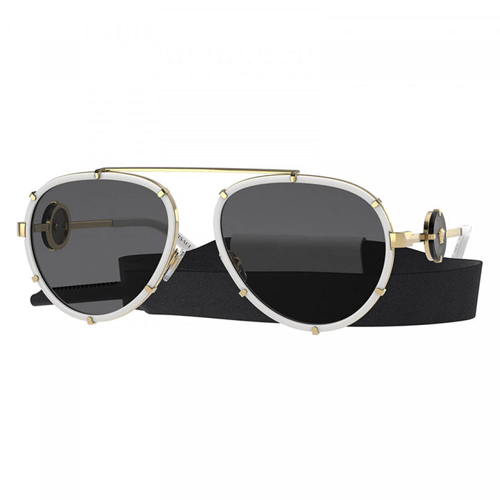 Versace Aviator Full Rim, with a White/Gold frame and Dark Grey with Neck Strap lens.