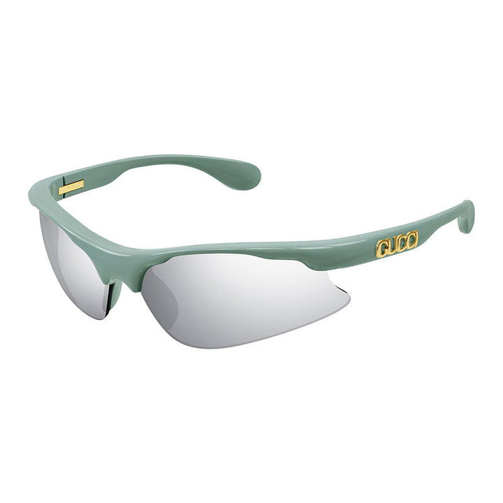Gucci Geometric Semi Rim, with a Shiny Mineral Green frame and Solid Smoke with Silver Mirror lens.