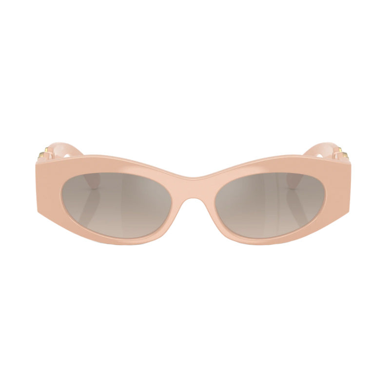 Versace Oval Full Rim, with a Nude frame and Brown Grad Grey Mirror Silver lens.