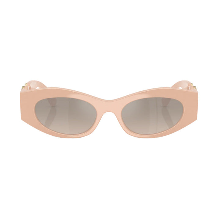 Versace Oval Full Rim, with a Nude frame and Brown Grad Grey Mirror Silver lens.