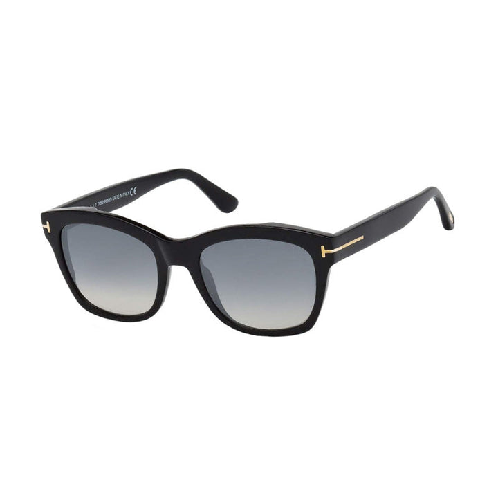Tom Ford Cat Eye Full Rim, with a Shiny Black frame and Gradient Smoke Silver Flash lens.