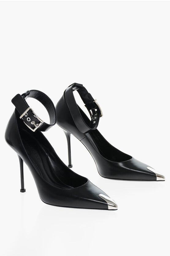 Shoes - Alexander McQueen Ankle Strap Leather Pumps with Shiny Stiletto Heel 11cm - 900505103338 - Ask Me Wear