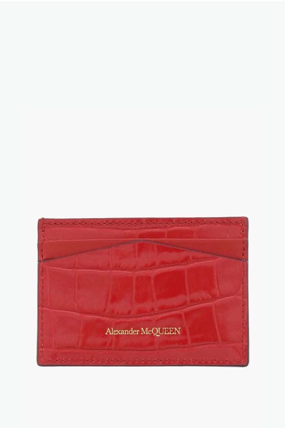 Accessories - Wallets & Card Holders - Alexander McQueen Crocodile Effect Leather Card Holder with Golden Skull - 2000027281329 - Ask Me Wear