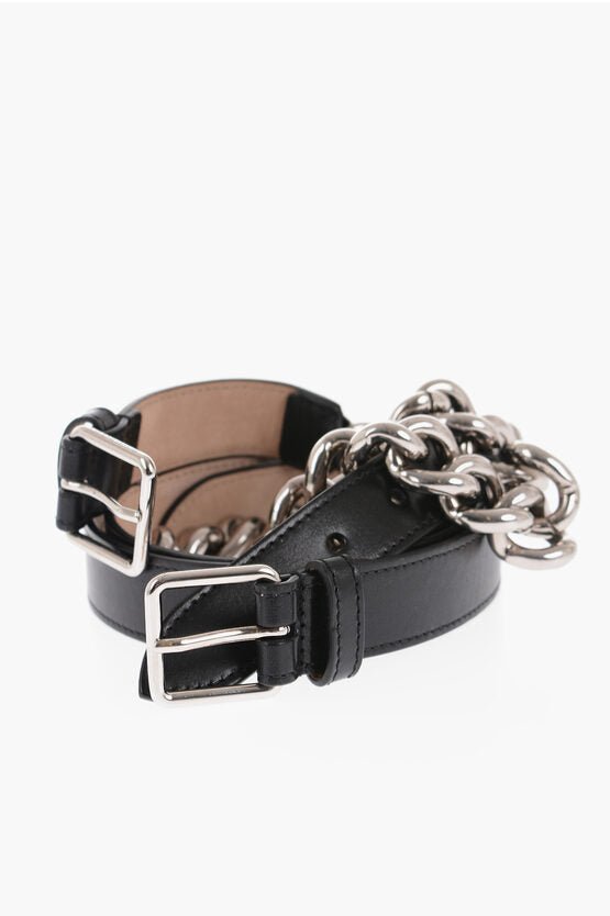 Accessories - Belts - Alexander McQueen Leather Double Belt With Chain Detail 25mm - 901906615454 - Ask Me Wear