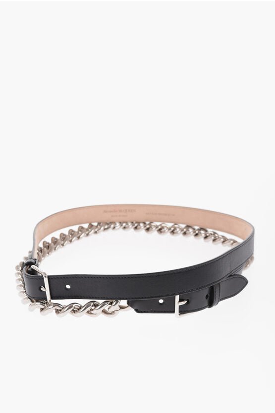 Accessories - Belts - Alexander McQueen Leather Double Belt With Chain Detail 25mm - 901906615454 - Ask Me Wear