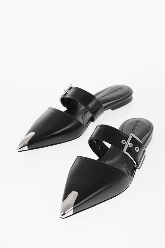 Shoes - Alexander McQueen Leather Pointed Mules With Buckle - 8128500091 - Ask Me Wear