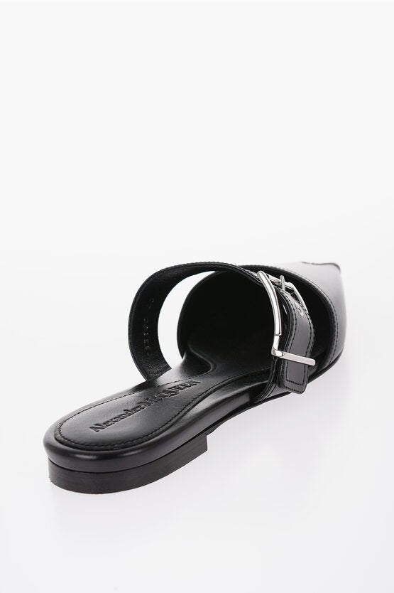 Shoes - Alexander McQueen Leather Pointed Mules With Buckle - 8128500091 - Ask Me Wear