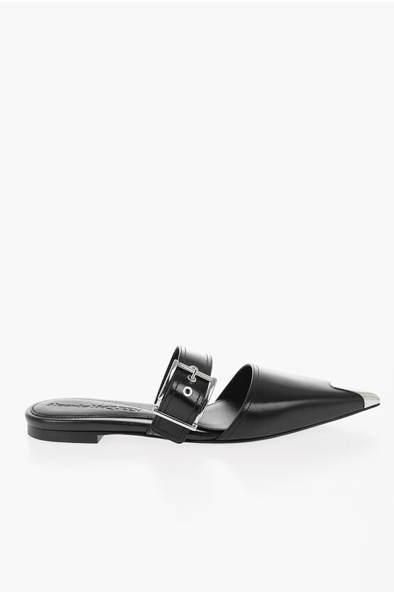 Shoes - Alexander McQueen Leather Pointed Mules With Buckle - 8128500091 - Ask Me Wear