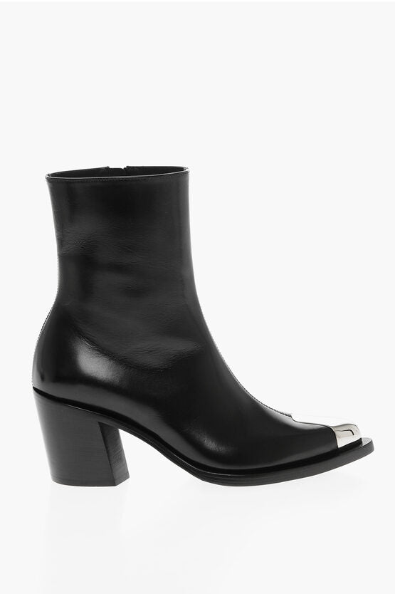 Shoes - Alexander McQueen Side Zip Leather Booties with Point Metal Toe 7cm - 8107727478 - Ask Me Wear