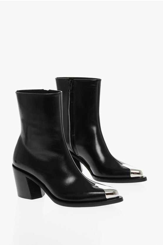 Shoes - Alexander McQueen Side Zip Leather Booties with Point Metal Toe 7cm - 8107727478 - Ask Me Wear