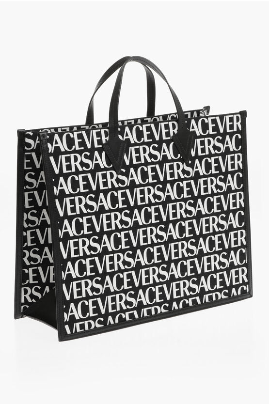 Versace All-Over Logo Tote Bag with Leather Trims