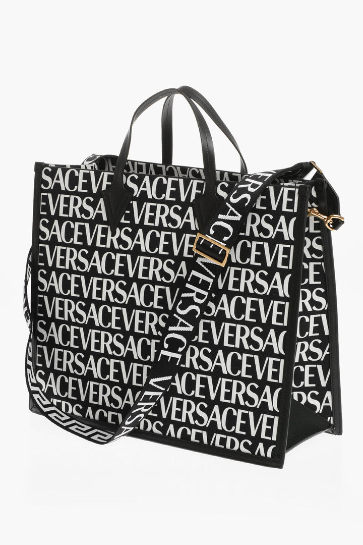 Versace All-Over Logo Tote Bag with Leather Trims