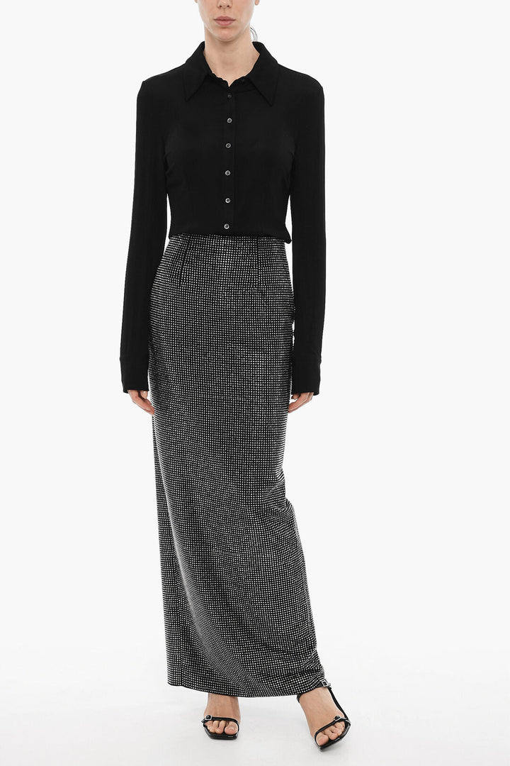 Roland Mouret All-Over Rhinestone Maxi Skirt with Split On the Back