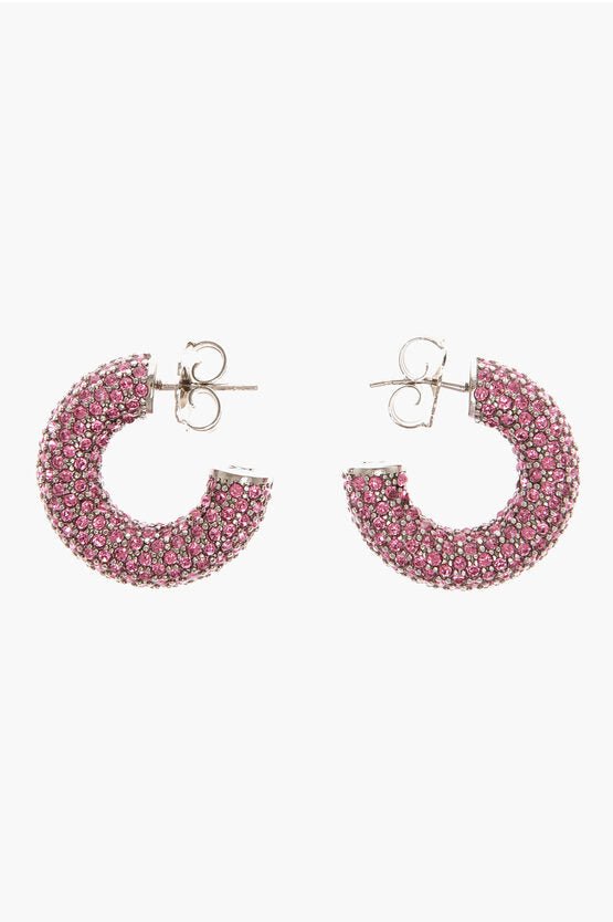 Earrings - Amina Muaddi Silver CAMERON Hoop Earrings with Rhinestone Embellishment - 8059482470049 - Ask Me Wear