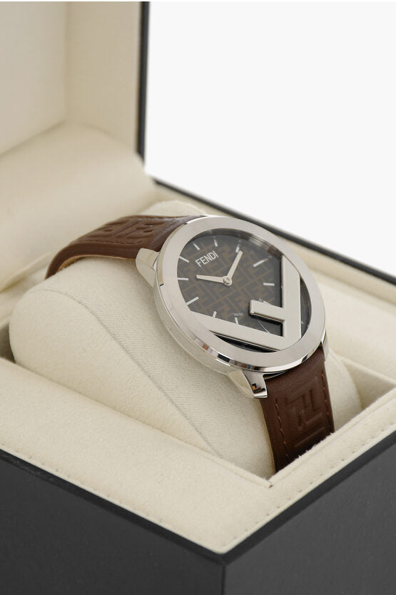 Fendi Analog Watch with Logoed Leather Strap