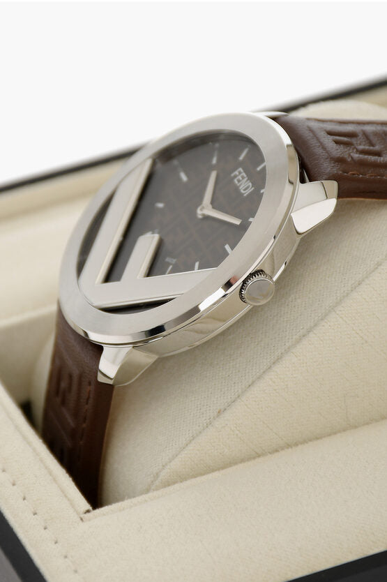 Fendi Analog Watch with Logoed Leather Strap