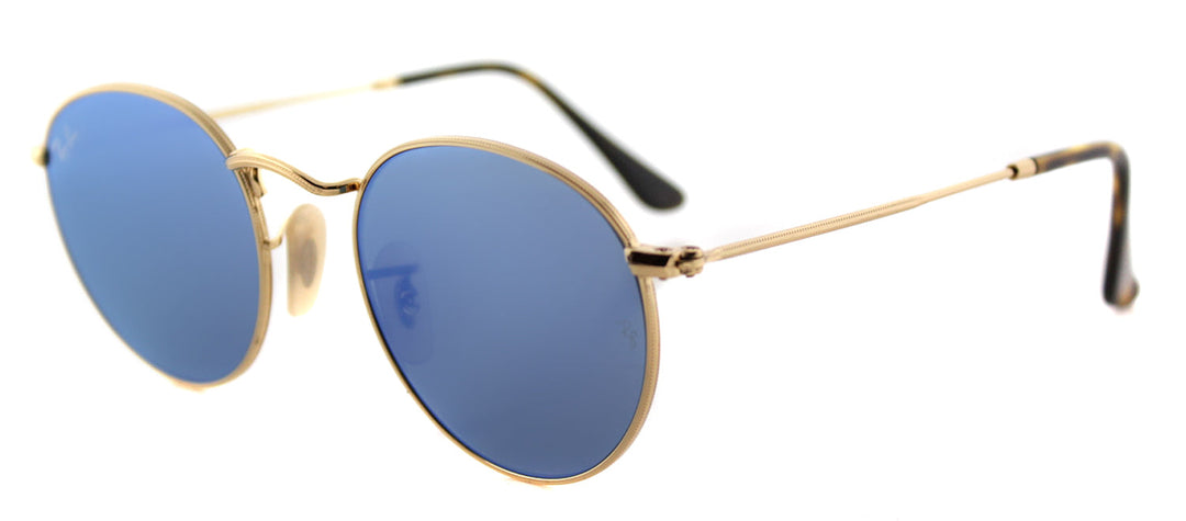 Ray-Ban RB 3447N 001/9O Round Metal Gold Sunglasses with Light Blue Flat Flash Lens