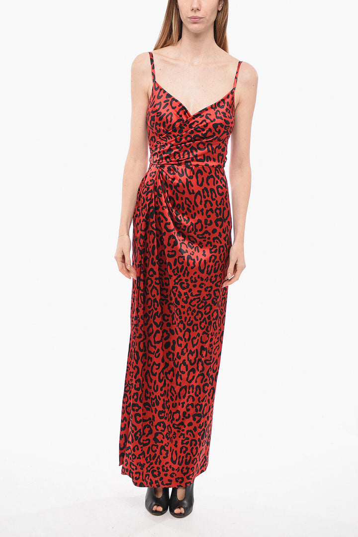 Dolce & Gabbana Animal Patterned Silk Satin Slip Dress with Draping