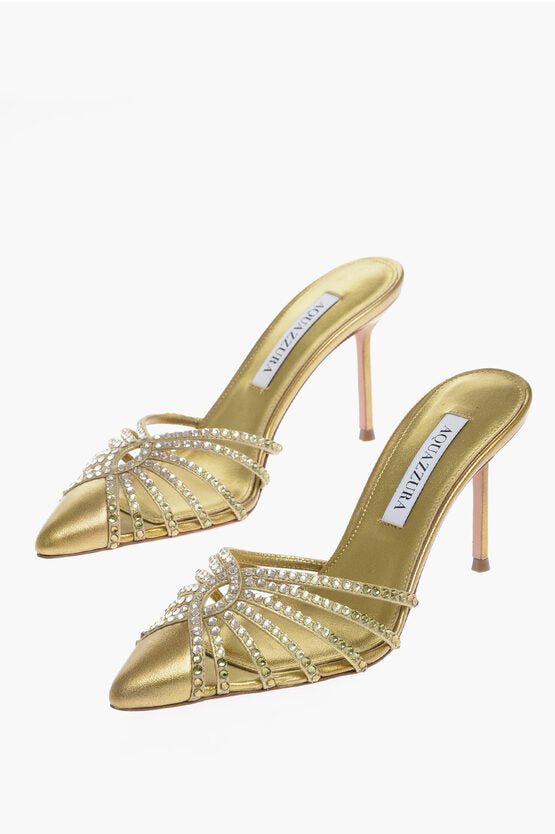 Shoes - Aquazzura Metallic Leather FLOW Mules with Rhinestone Embellishment an - 8055164003703 - Ask Me Wear