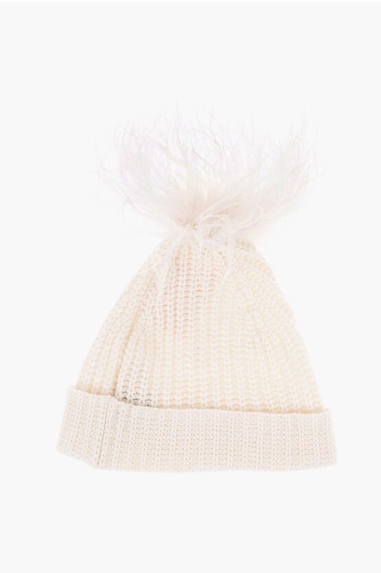 Accessories - Hats - Art Essay Solid Color Cashmere CLOVER Beanie with Feathers Detail - 8053847780583 - Ask Me Wear