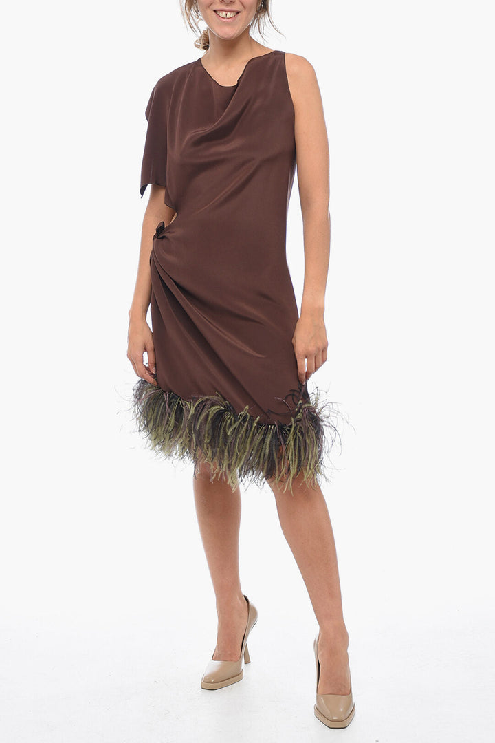 Stephan Janson Asymmetric PARIS Silk Dress with Ostrich Feathered Bottom