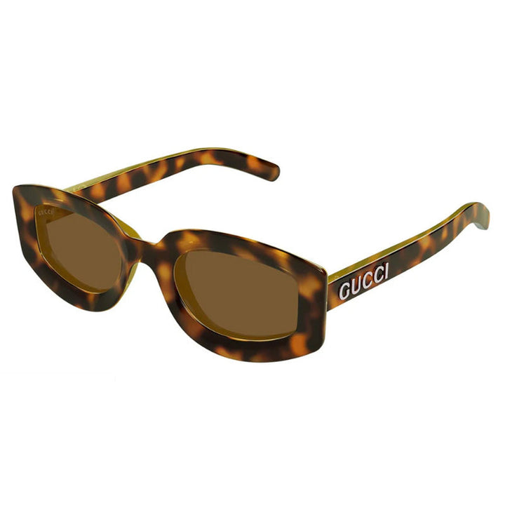 Gucci Geometric Full Rim, with a Light Havana with Yellow frame and Brown Gradient lens.
