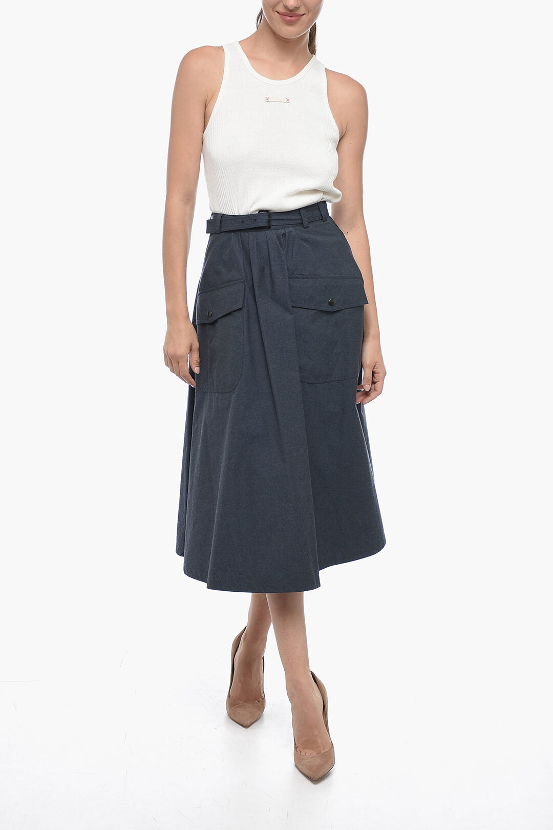 Dior Belted Midi Flared Skirt with Utility Pockets