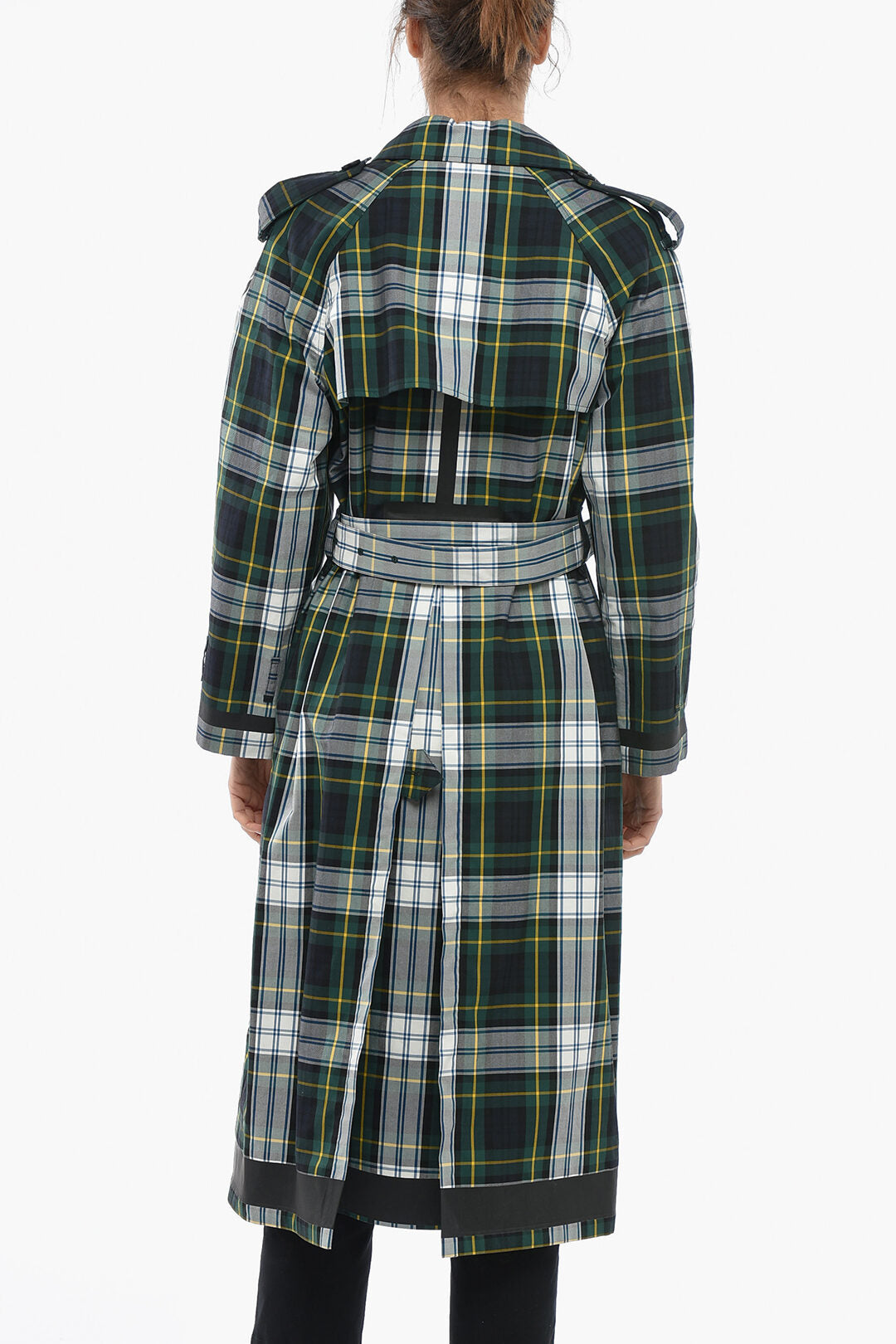 Burberry Belted Tartan Print Cotton Double Breasted Trench Coat