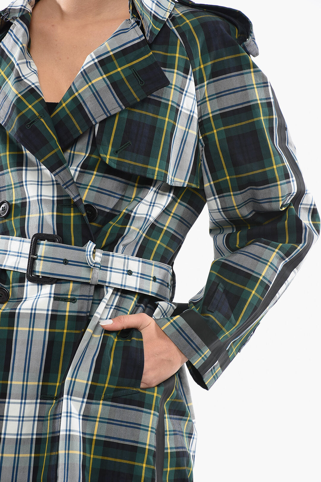 Burberry Belted Tartan Print Cotton Double Breasted Trench Coat