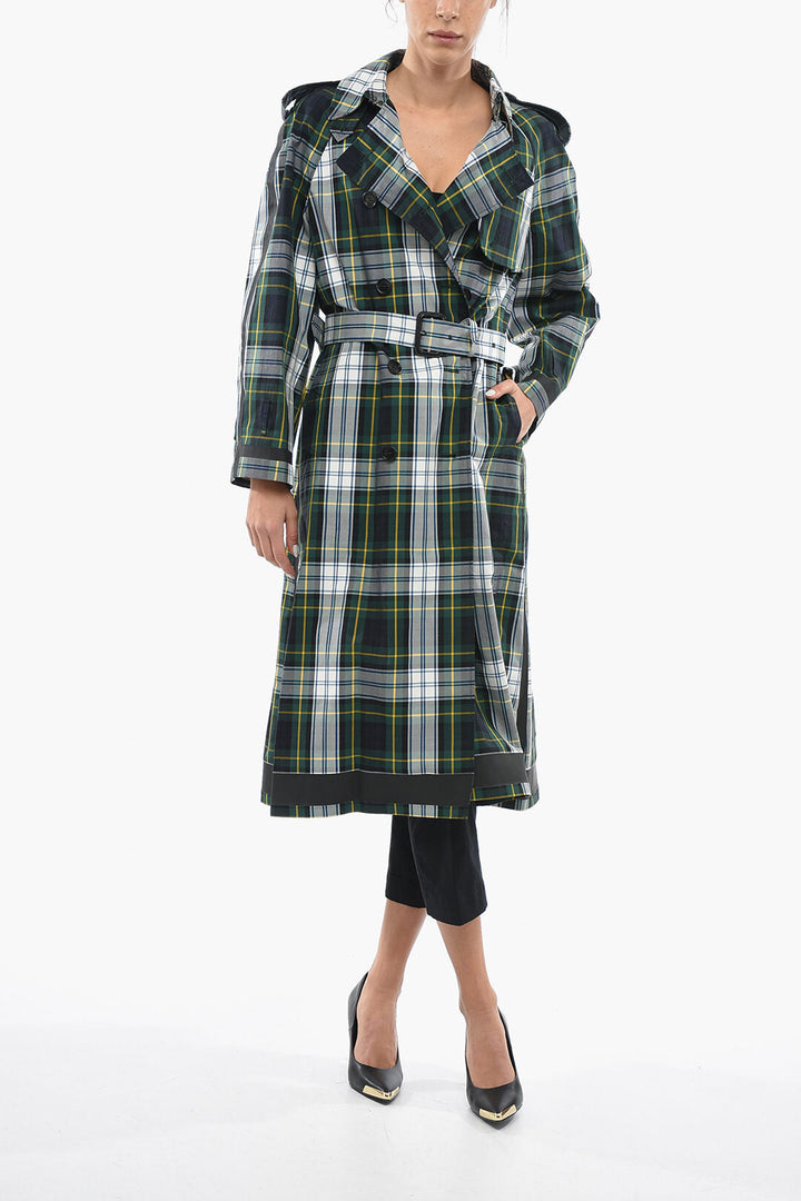 Burberry Belted Tartan Print Cotton Double Breasted Trench Coat