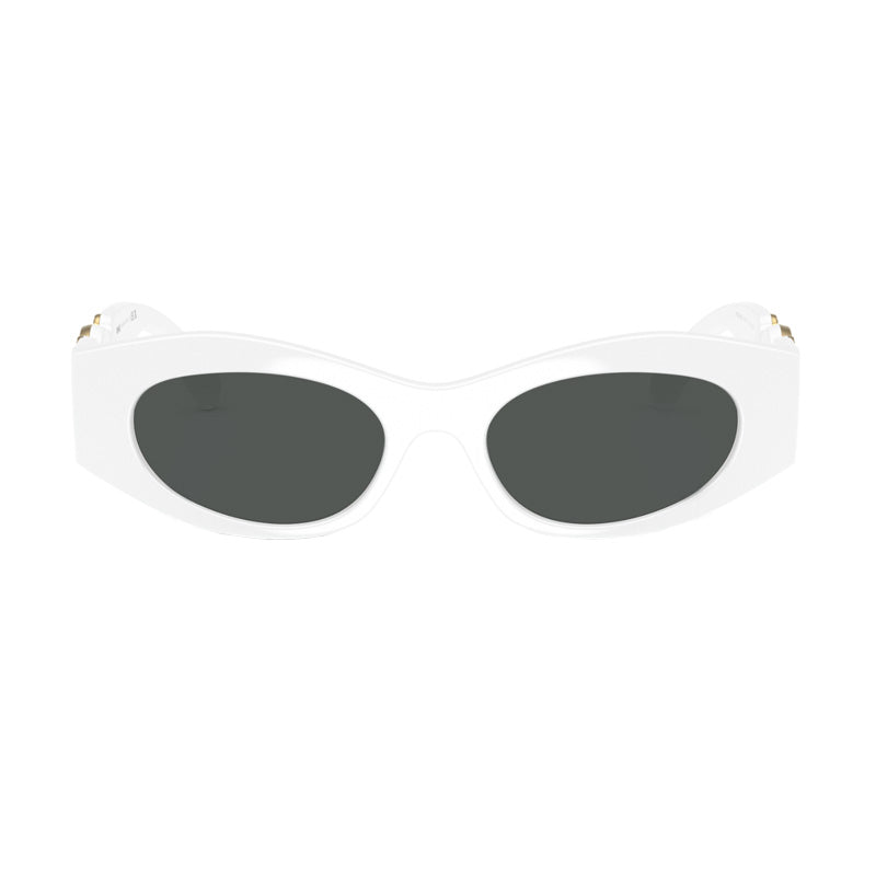 Versace Oval Full Rim, with a White frame and Dark Grey lens.