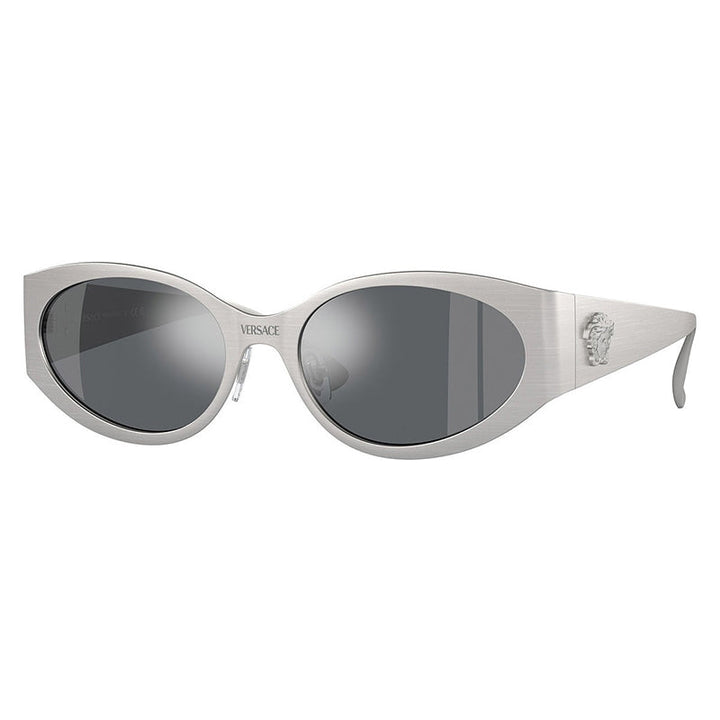 Versace Oval Full Rim, with a Matte Silver frame and Light Grey Mirrored Black lens.