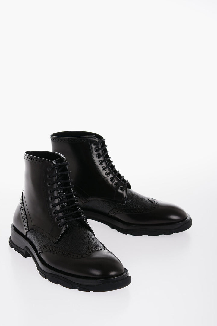 Alexander McQueen Brushed Leather Boots With Brogues Details