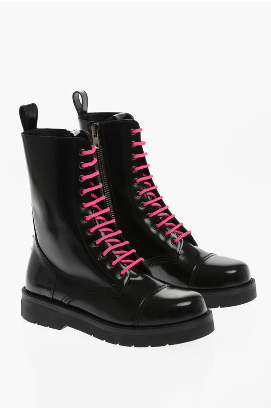 Valentino Brushed Leather Combat Boots With Studs