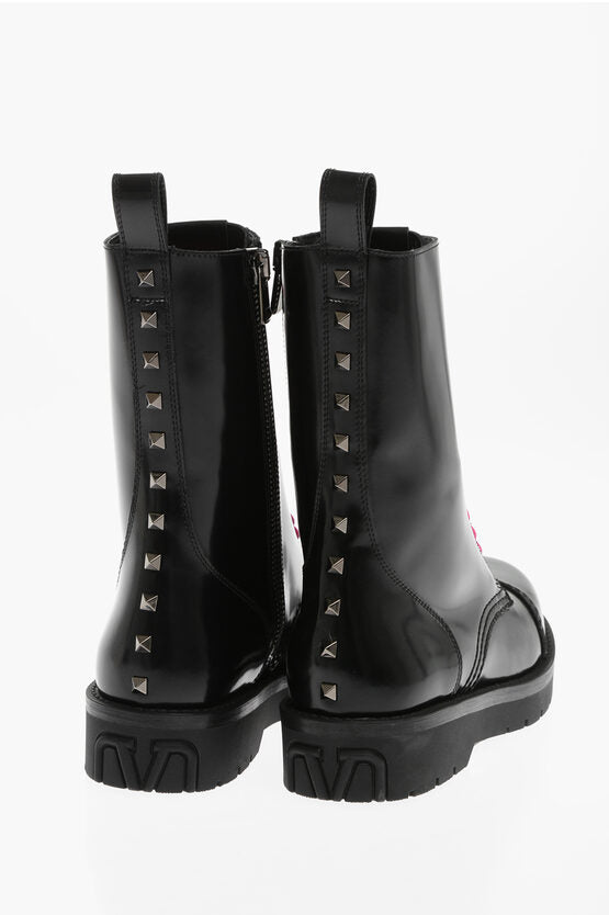 Valentino Brushed Leather Combat Boots With Studs