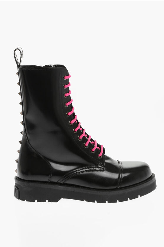 Valentino Brushed Leather Combat Boots With Studs