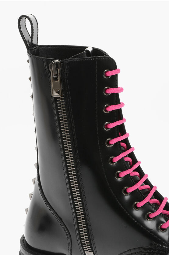 Valentino Brushed Leather Combat Boots With Studs